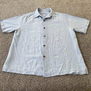 Tommy Bahama Hawaiian Shirt 100% Silk Mens Large Button Up Blue Short Sleeve